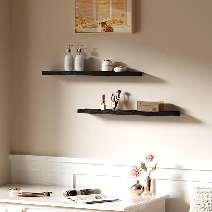 Floating Shelves for Wall, Bathroom Shelves Over Toilet, Wall Shelves & Book Shelf for Room, Hanging Shelf, Modern Wooden Mounted Floating Shelves, 36x7x1.5 in (Black, Set of 2)