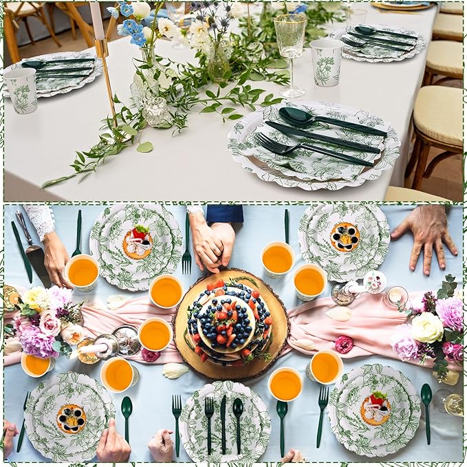 Havawish 400 Pcs Sage Green Disposable Tableware Set Greenery Floral Paper Plates Napkins Sage Serve Scalloped Plates Paper Napkins Cups Plastic Spoons Forks Knives for Wedding Tea Party Baby Shower