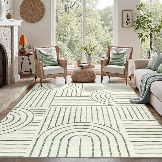 DCX Abstract Machine Washable 6x9 Rug, Sage Green Modern Accent Rug for Living Room, Soft Low Pile Non Slip Carpet, Kid & Pet Friendly Stain Resistant Rug for Bedroom Dining Room Office