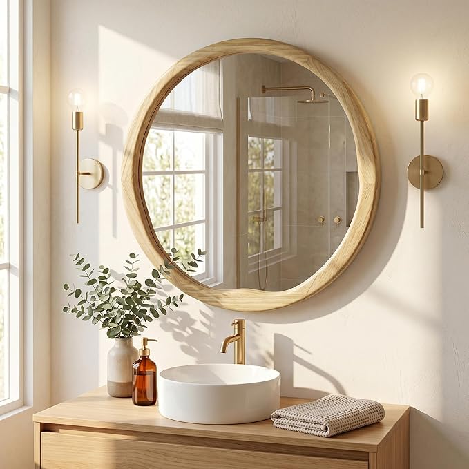 Natural Wood Round Wall Mirror 30 Inch, Large Solid Wood Framed Mirror with Wavy Inner Edge for Bathroom Vanity, Living Room & Organic Boho Decor