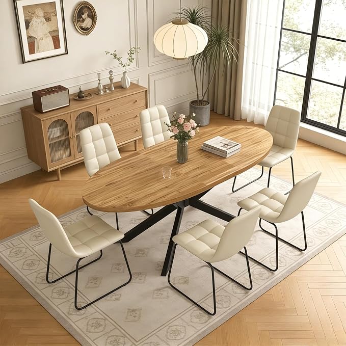63"-78.7" Extendable Round Dining Table Set for 6, 7 Piece Mid Century Modern Oval Kitchen Table Set, Large Dining Table with 6 Dining Chairs for Living Room Space Saving（Walnut Table+6 Beige Chairs)