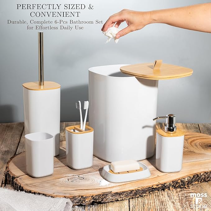 Moss & Stone 6-Piece Bathroom Accessories Set – White Plastic and Bamboo Bathroom Set with Soap Dispenser, Toothbrush Holder, Cup & Soap Dish – Modern Countertop Bathroom Décor