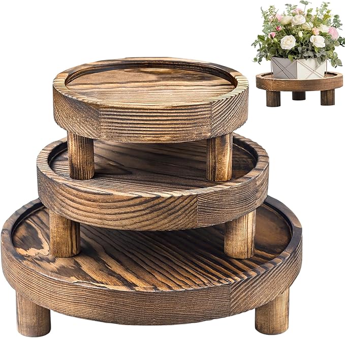 3 PCS Wooden Flower Plant Stand Indoor For Home Living Room Decor, Wood Plant Display Tray For Outdoor Planter Gardening Essentials, Wooden Food or Drinks Holders Tray Indoor. (Rustic Brown)