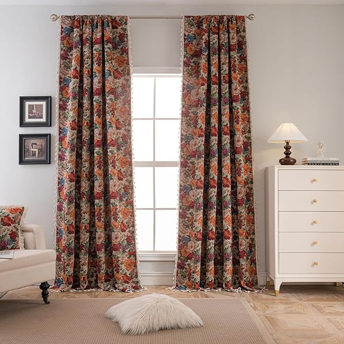 ENJOYBRIDAL Floral Curtains 84 Inches Long Semi Sheer Floor Length Drapes Bedroom Rod Pocket Jacquard 2 Panels Window Curtains Farmhouse Boho Tassel Patterned Living Room Botanical Window Treatments