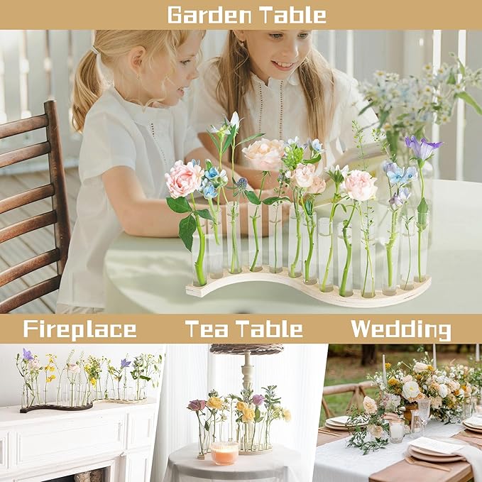 Test Tube Vases for Flowers，Small Plant Propagation Station，S Shape Plant Terrarium with Wooden Stand(Light Wood)