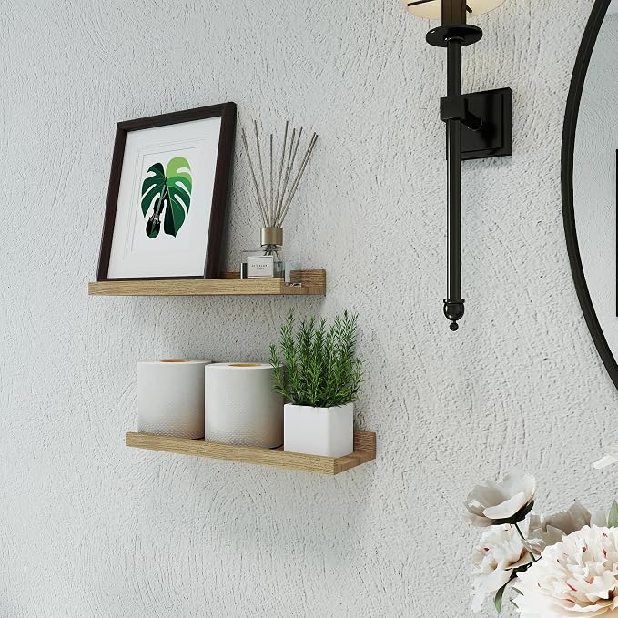 Floating Shelves for Wall Decor, Wall Mounted Wood Storage Shelf for Bedroom, Living Room, Bathroom, Kitchen, Nursery, Display Picture Ledge Shelf with Lip Set of 2-14 Inches, Oak