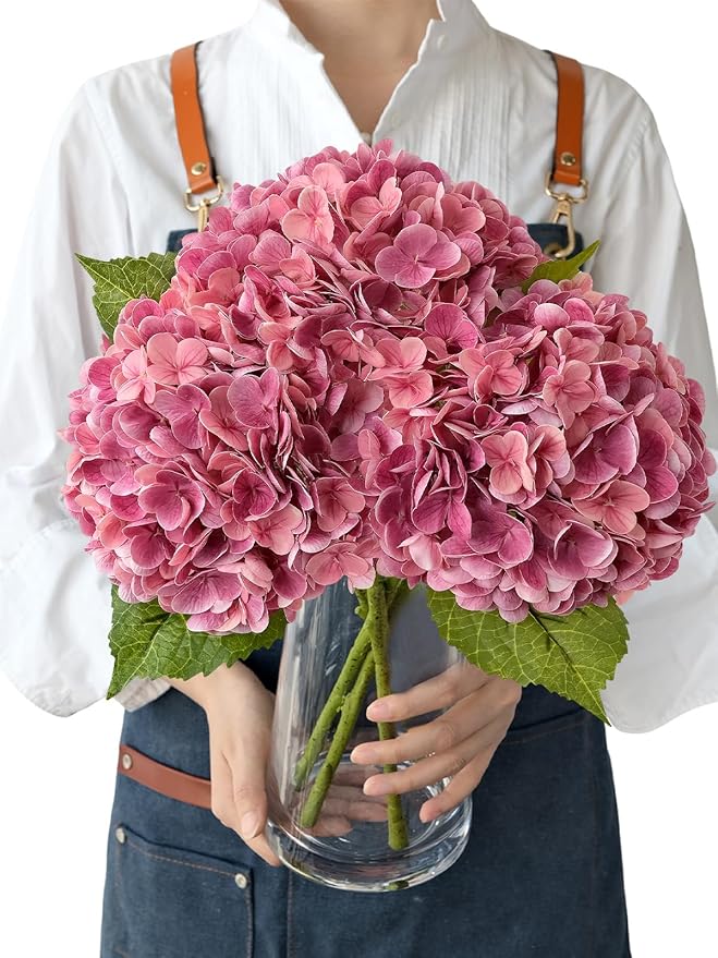 Magenta Pink Hydrangea Artificial Flowers, 3Pcs 21” Real Touch Latex Large Royal Faux Silk Flowers, Full Fake Artificial Hydrangeas with Stems for Bouquet Table Centerpieces Home