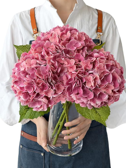 Magenta Pink Hydrangea Artificial Flowers, 3Pcs 21” Real Touch Latex Large Royal Faux Silk Flowers, Full Fake Artificial Hydrangeas with Stems for Bouquet Table Centerpieces Home