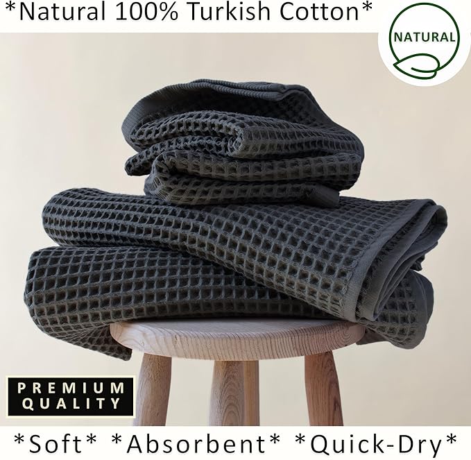 PÜSKÜL 4-Piece Natural 100% Turkish Cotton Luxury Waffle Towels for Bathroom | Premium Honeycomb Weave 2 Hand Towel & 2 Bath Towel Set | Soft Absorbent Quick-Dry Lightweight Towels (anthracithe)
