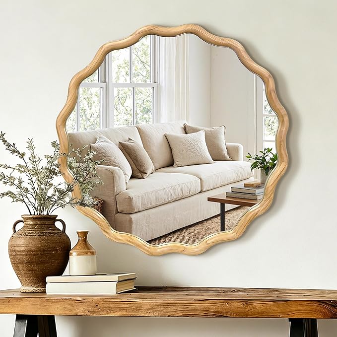 AMOISE Scalloped Round Mirror 28", Boho Wavy Wooden Frame Wall Mirror, Shatterproof Circle Accent Mirror for Bathroom, Bedroom, Entryway and Living Room