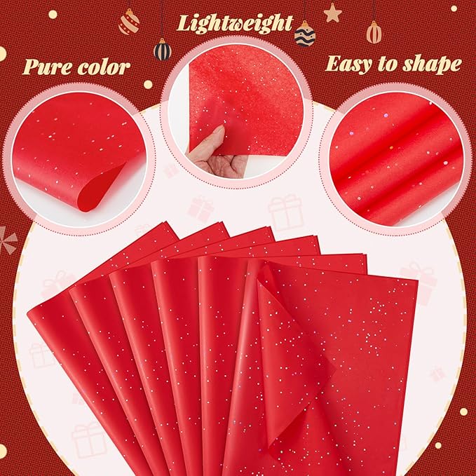Qilery 500 Sheets Christmas Glitter Red Tissue Paper Bulk 15 x 20 Inch Sparkle Wrapping Paper for Gift Bags Acid Free Tissue for Christmas Craft Supplies, Bouquets, Garlands, Forming Pompoms, Wedding