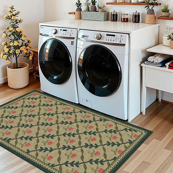 3x5 Entryway Rug - Small Washable Indoor Outdoor Mats for Front Door Non-Slip Porch Rug Jute-Look Boho Floral Throw Rugs for Living Room Bedroom Entryway Kitchen Office Front Porch Decor