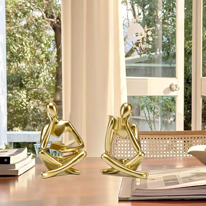 Prettidecor Thinker Statue Set of 2, Abstract Art Reading Sculpture Figurine, Modern Aesthetic Home Decoration for Living Room Bedroom Office Shelves Coffee Table Desk Bookshelf Decor (Gold)