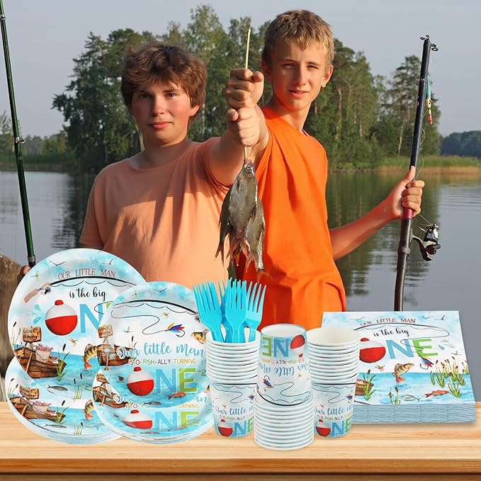 120 PCS Ofishally One Birthday Party Decorations, Ofishally One Paper Plates, Napkins Cups and Forks Tableware Set, Fishing Party Decor Supplies for 1st Fish Birthday Christmas Parties, Serves 24