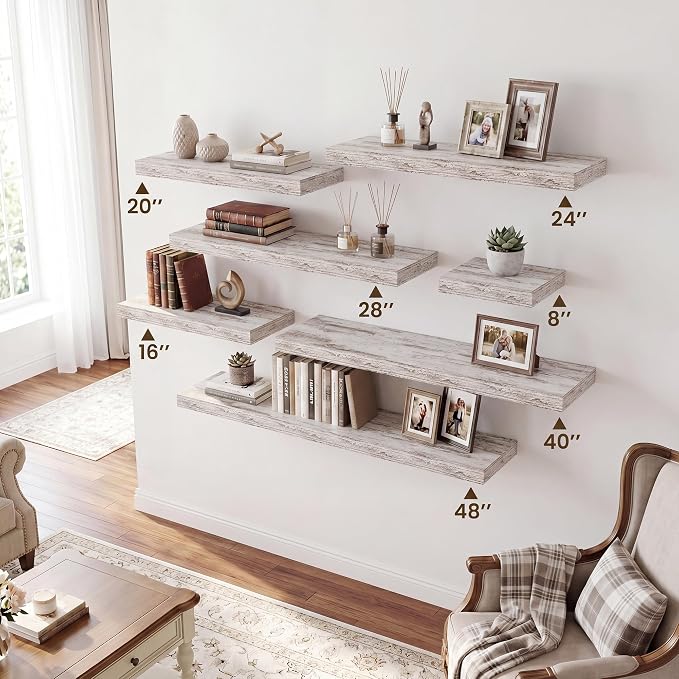 RICHFOCUS 8 Inch Floating Shelves for Wall Small Square Shelves Set for Plant|Bedroom|Kitchen|Bathroom Rustic Wood Wall Mounted Shelf with Invisible Brackets for Books|Storage|Decor, Rustic White