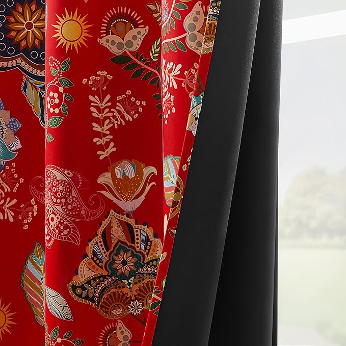 XiDi Red Floral Curtains 108 Inches Long 2 Panels 100% Blackout Vintage Botanical Leaf Patterned Curtains for Living Dining Room Thermal Insulated Room Darkening Luxury Colorful Drapes Grommet 52x108