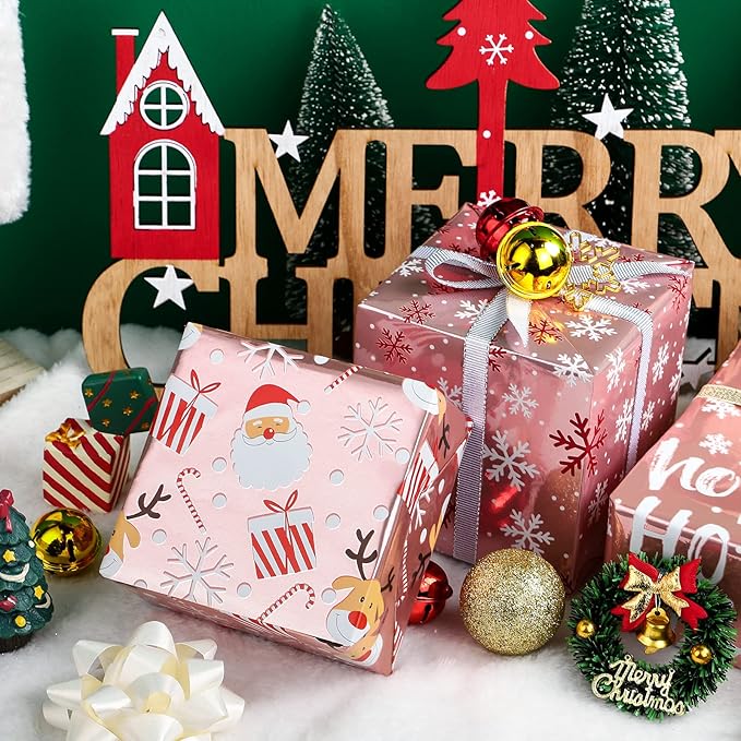 WRAPAHOLIC 30 Inch Christmas Wrapping Paper Roll - Jumbo Roll Rose Gold Santa, Snowflakes and Reindeer Holiday Collection with Metallic Foil Shine - 4 Rolls - 30 Inch x 120 Inch Per Roll