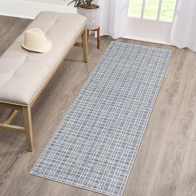 Washable Runner Rug for Entryway 2x6 Modern Plaid Non Slip Kitchen Rug Bathroom Rugs Grid Throw Rugs Soft Faux Wool Stain Resistant Carpet for Laundry Hallway Bedside 2'x6' Grey