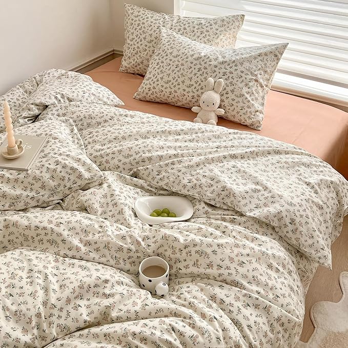 Aesthetic Floral Duvet Cover Full Breathable Soft 100% Cotton Floral Comforter Cover Vintage French Style Duvet Cover Girls Cottagecore Bedding Set Botanical Flower Comforter Cover with 2 Pillowcases
