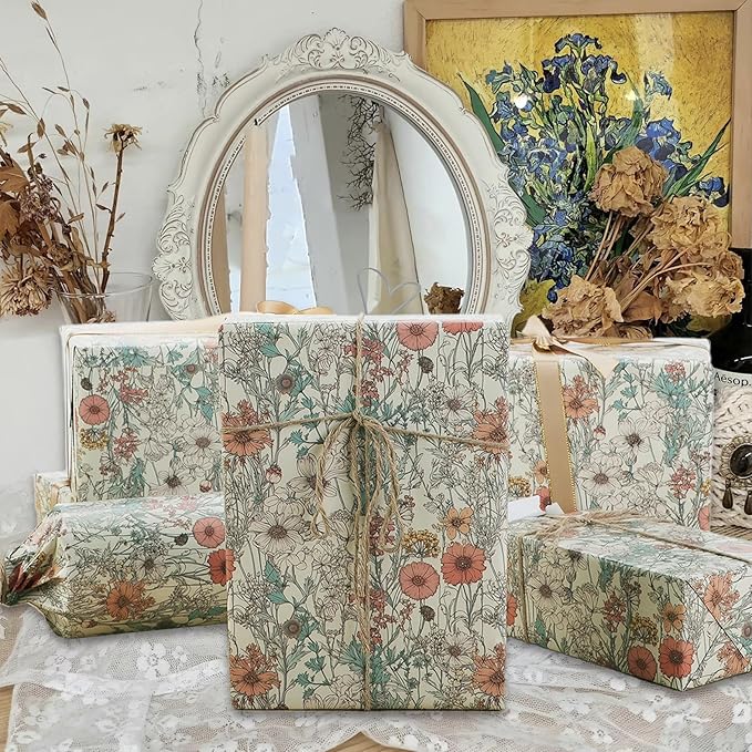 8 Sheets Vintage Wildflower Wrapping Paper - 19.7” x 27.6” Spring Floral Gift Wrap Paper for Girls, Women Birthdays, Baby Showers, Bridal Showers, Weddings, Valentine’s Day Party Celebrations