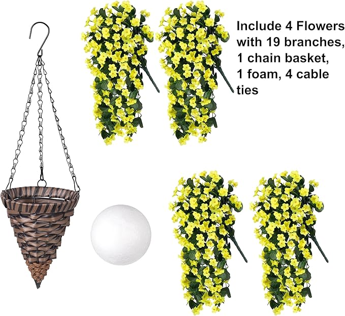 Artificial Faux Hanging Flowers Plants Baskets for Outdoor Outside, Fake Silk Yellow Orchid Trailing Vines in Planter Realistic UV Resistant for Balcony Porch Decor