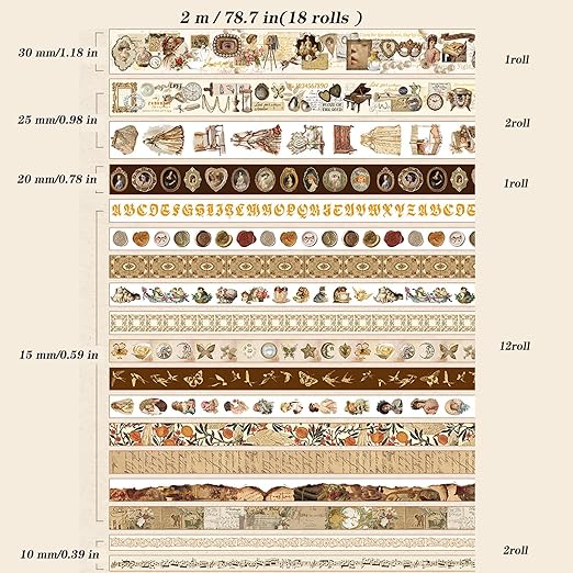 Auguro 18 Rolls Vintage Victorian Washi Tape Set Journal Tape for Crafts and Journaling DIY Scrapbooking Supplies washi Tape for Scrapbooking Decorative Tape