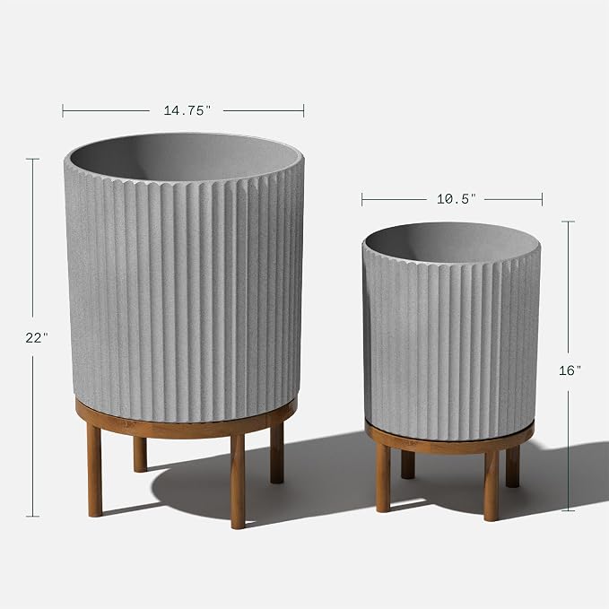Veradek Demi Series Round Planter w/Stand for Porch/Patio | Durable Plastic-Stone Composite & Wooden Stand | Modern Décor for Tall Plants, Flowers