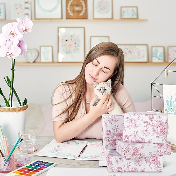 JarThenaAMCS Floral Wrapping Paper Mini Roll 17in x 32.8Ft Pink White Flowers Gift Wrap Paper for Birthday Wedding Baby Shower Party Wrapping Supplies