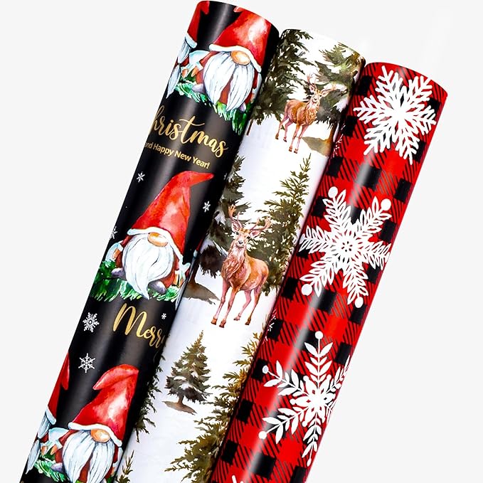 MAYPLUSS Festive Christmas Wrapping Paper - 17Inch x 10Feet Per Roll - Fairy Forest Deer Gnome Holiday Christmas Snowflake Thick Rolled Gift Wrap for Winter, Holiday, Party and Celebrations