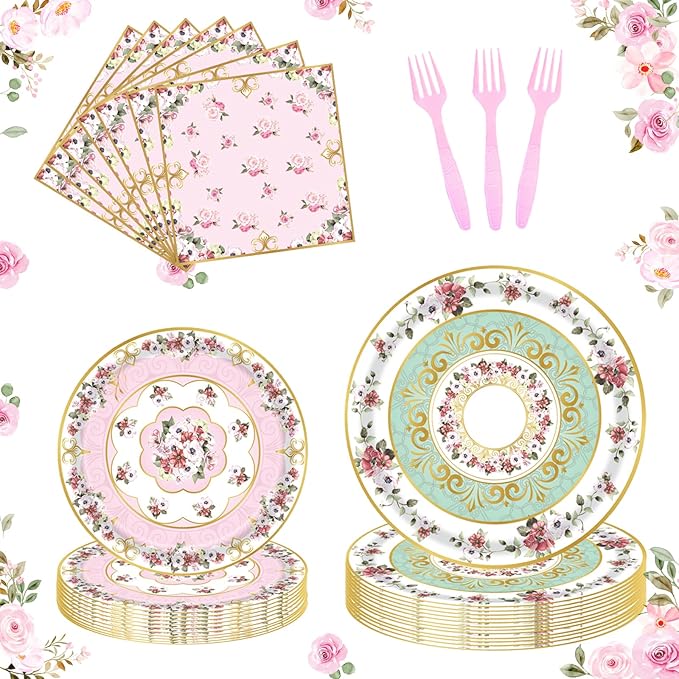96pcs Floral Party Supplies Flower Paper Plates and Napkins Tableware Set for 24 Guest Floral Party Disposable Paper Dinner Plates Napkins Forks for Birthday Bridal Shower Tea Party Supplies