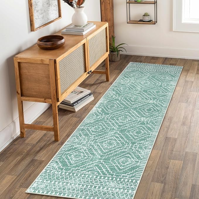 Wonnitar Moroccan 2'6"x8' Washable Kitchen and Bathroom Rug, Sage Green Boho Laundry Room Carpet, Thin Non-Slip Runner for Bedroom Hallway Closet (Mint Green, 2'6"x8')