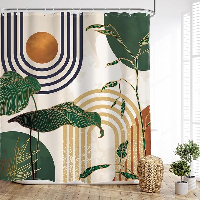 Glawry Abstract Mid Century Shower Curtain Green Retro Boho Tropical Palm Tree Sun Arch Bathroom Modern Minimalist Aesthetic 72Wx72L Inches Bath Accessories Art Home Decor Fabric 12 Pack Hooks