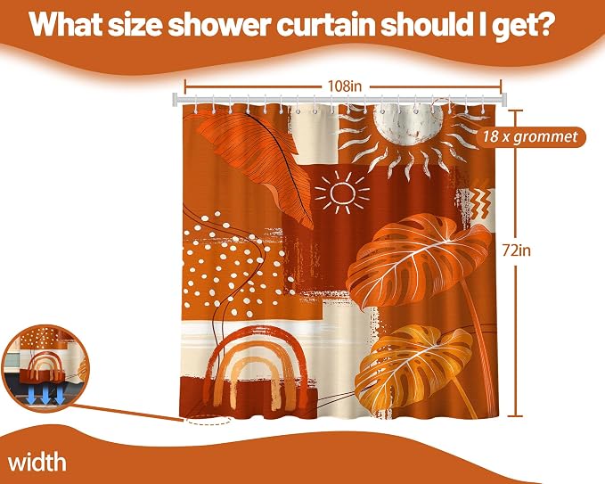 Extra Long Shower Curtain Extra Tall Burnt Orange XL Abstract Tropical Leaf Shower Curtains for Large Bathroom Decor Sets, Waterproof Cloth Fabric with Hooks, 108x72 Inch