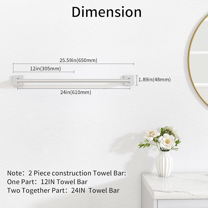 MKO Towel Bar for Bathroom, 24" Hand Towel Holder Rod with Metal, Towel Racks for Bathroom Hanger Wall Mounted for Kitchen, Brushed Nickel 2 Pack