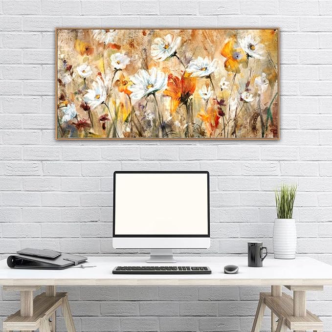 Framed Wall Art Wildflowers Canvas Wall Pictures Abstract Daisy Flowers Canvas Prints Orange Yellow Floral Landscape Painting Artwork for Living Room Bedroom Kitchen Home Office Decor 24"x 48"