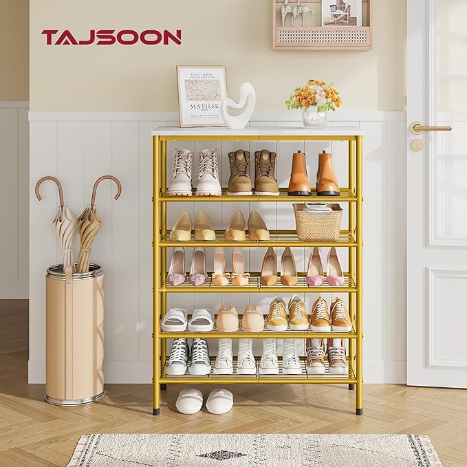 Tajsoon 6 Tier Shoe Rack Organizer for 20-24 Pairs of Shoes, Metal Mesh Shoe Shelf for Closet, Industrial Shoe Rack for Entryway Shoe Storage with X Shape Fixed Frame, White & Gold