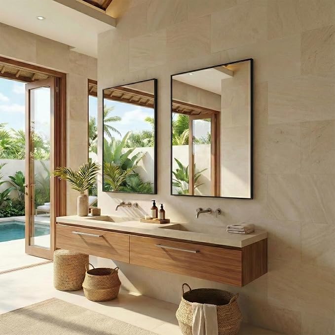 48"x36" Black Landscape Bathroom Mirror for 48-60 inch Vanity, Shatterproof Tempered Glass, Narrow Metal Frame, Large Mantle Mirror