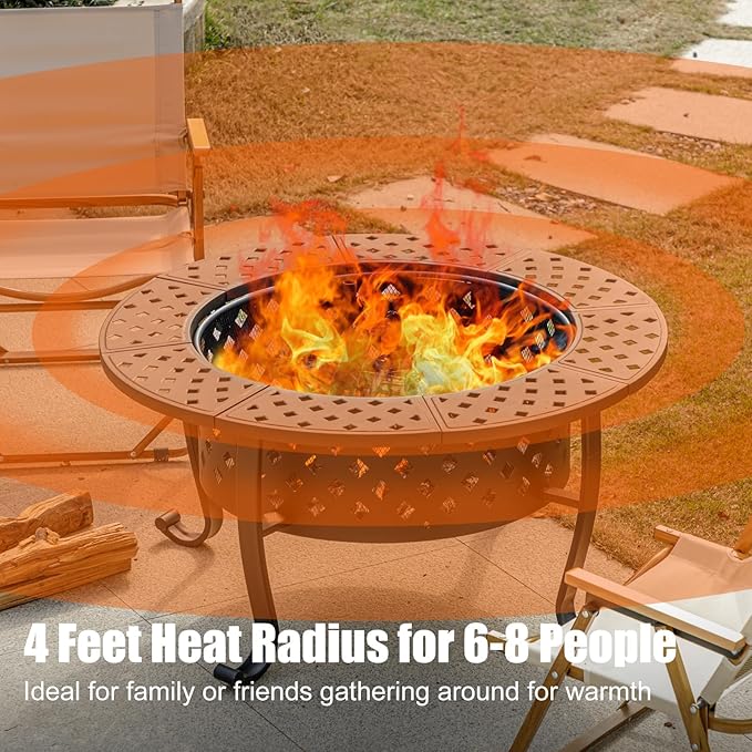 Panovue 36 Inch Fire Pit with 2 BBQ Grills, Wood Burning Fire Pits for Outside with Lid & Fire Poker, BBQ& Outdoor Firepit & Round Metal Table 3 in 1 for Patio, Picnic, Party