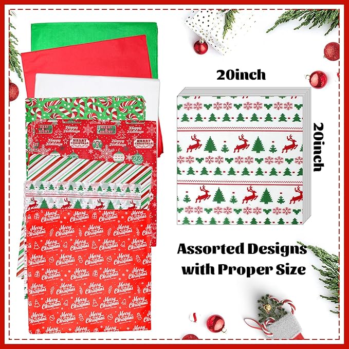 BCUEIDO 160 Sheets Christmas Tissue Paper Assorted Christmas Tissue Paper for Gift Wrapping, Christmas Gift Boxes and Wine Bottles