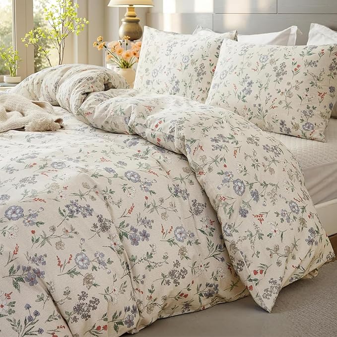 EAVD Chic Garden Floral Duvet Cover Full Beige Soft 100% Cotton Cute Colorful Floral Aesthetic Bedding Set with 2 Pillowcases Fresh Reversible Botanical Duvet Cover with Zipper Closure