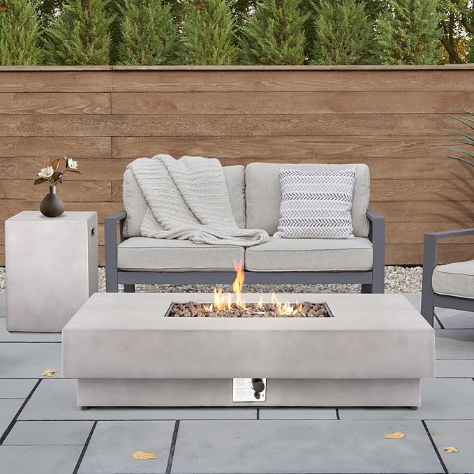 SiTimmGer 60-inch Outdoor Propane Fire Pit Coffee Table with Tank Cover, 50,000 BTU Concrete Rectangle Modern Outside Fire Table, Auto-Ignition, Included Lava Rocks, Metal Lid & Waterproof Cover