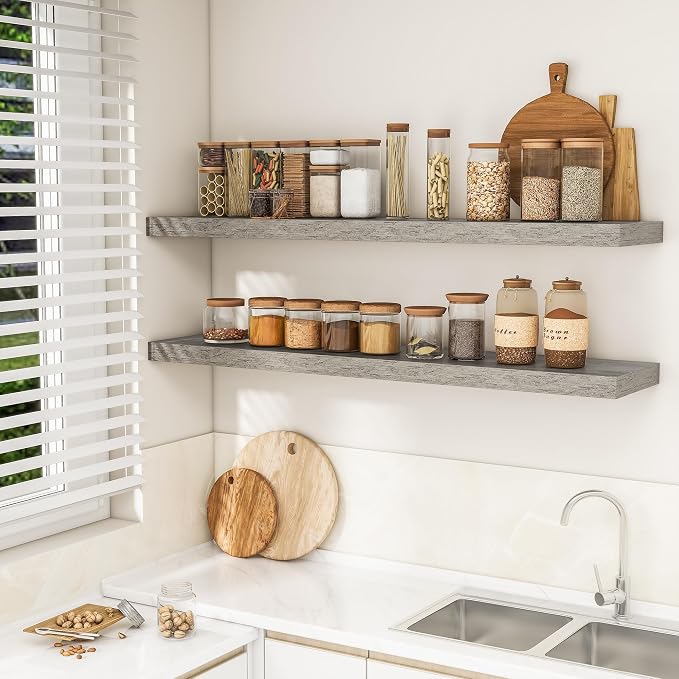 RICHFOCUS 55Inch Floating Shelves for Wall 2 Pack Shelves for Bedroom|Kitchen|Bathroom Wall Mounted Rustic Wood Floating Shelf with Invisible Brackets for Books|Storage|Decor, Grey