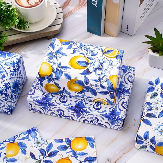 JarThenaAMCS 12 Sheet Chinoiserie Lemons Wrapping Paper -Not Roll- Watercolor Blue Tiles Lemon Gift Wrap Paper Folded Flat Art Paper for DIY Crafts Gift Wrapping, 19.7 x 27.6 Inch