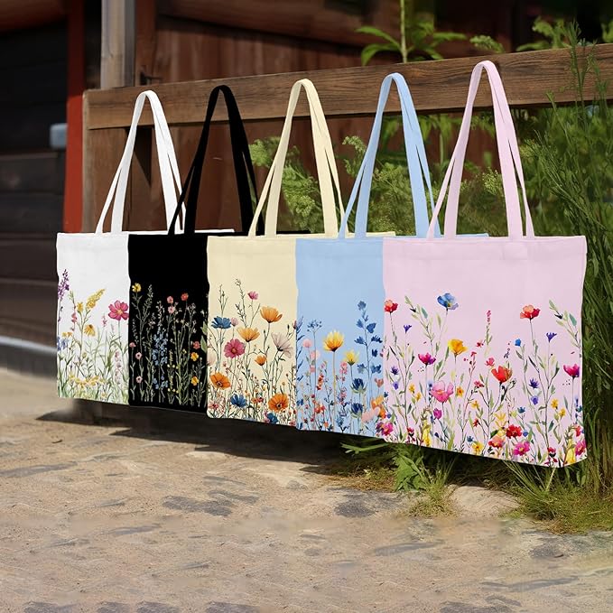 Decohim Multiple Packs Floral Japanese Print Canvas Tote Bag Reusable Grocery Bags Gifts for Women Girls Birthday Christmas