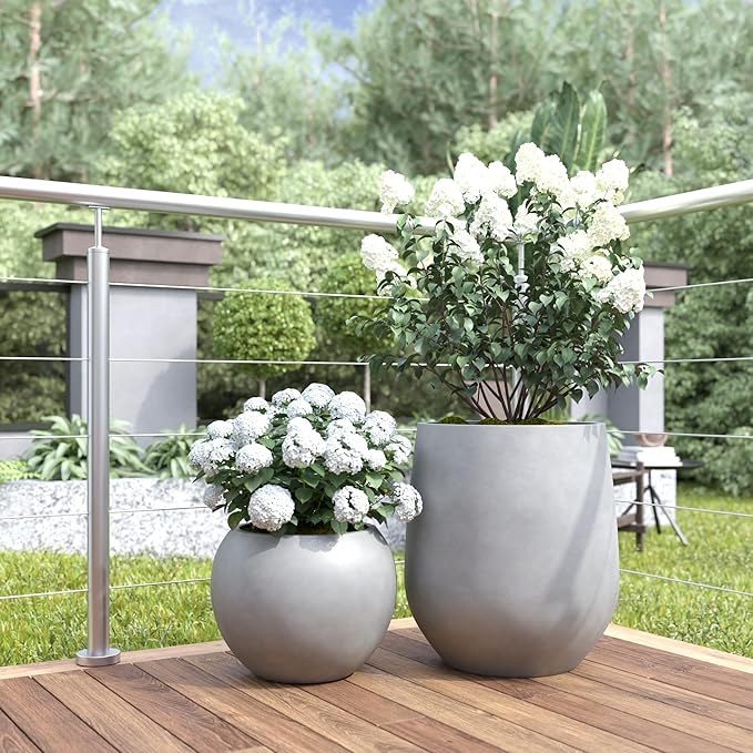 DTY Signature Mount Sherman Modern Indoor Outdoor Fiberstone Sphere Planter, Durable Round Garden Pot, Weather Resistant, Drainage Hole & Rubber Plug, Planter for Christmas Tree - Small, Gray