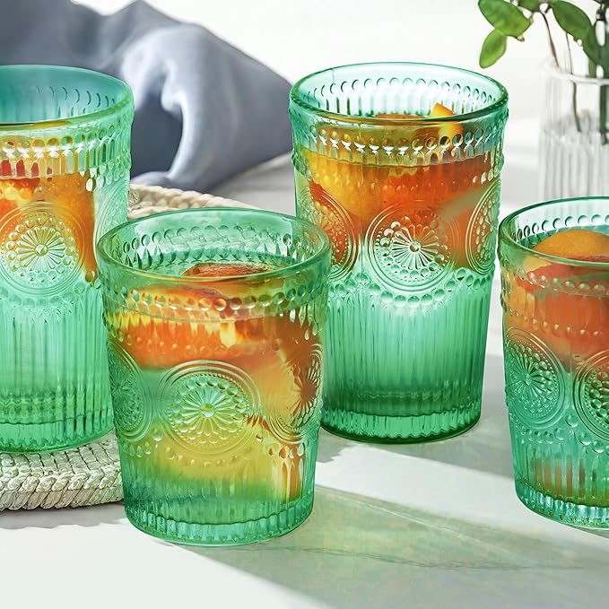 Loivttvv 12pcs Vintage Drinking Glasses Set, 12 oz Highball Glasses & 9 oz Embossed Ribbed Glassware Cups for Cocktail, Water, Juice, Coffee, Whiskey (Dark Green)