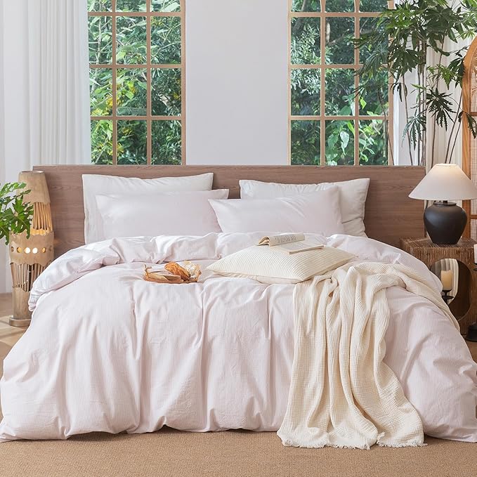 MooMee Striped Duvet Cover Set 100% Washed Cotton Linen Like Textured Breathable Durable Soft Comfy (Heathered Greyish Pink Pinstripes, King 104"x90")