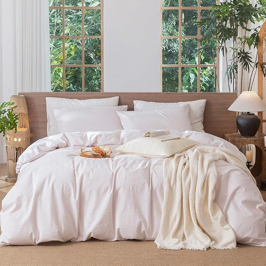 MooMee Striped Duvet Cover Set 100% Washed Cotton Linen Like Textured Breathable Durable Soft Comfy (Heathered Greyish Pink Pinstripes, King 104"x90")