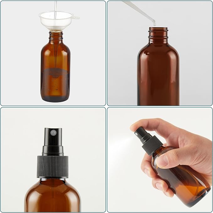 Dark Amber Glass Spray Bottles 4 oz, Small Glass Spray Bottles for Essential Oils, Fine Mist for Face, Hair, Plants, Travel, Perfumes, Cleaning Solutions - 2 Pack