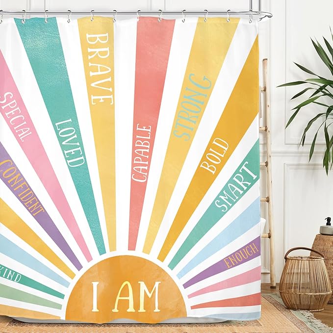 Miyotaa Colorful Sun Pastel Shower Curtain Set 60Wx71H Inches Cute Inspirational Motivational Positive Kids Child Waterproof Bathroom Curtain with 12 Hooks